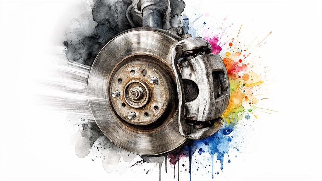 A detailed car brake disc and caliper with dynamic watercolor splashes, blending mechanical and artistic elements.