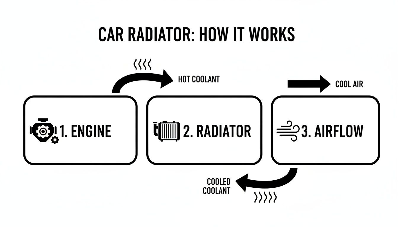 Diagram illustrating the car radiator's cooling process: hot coolant from the engine, cooled by airflow, then returned.