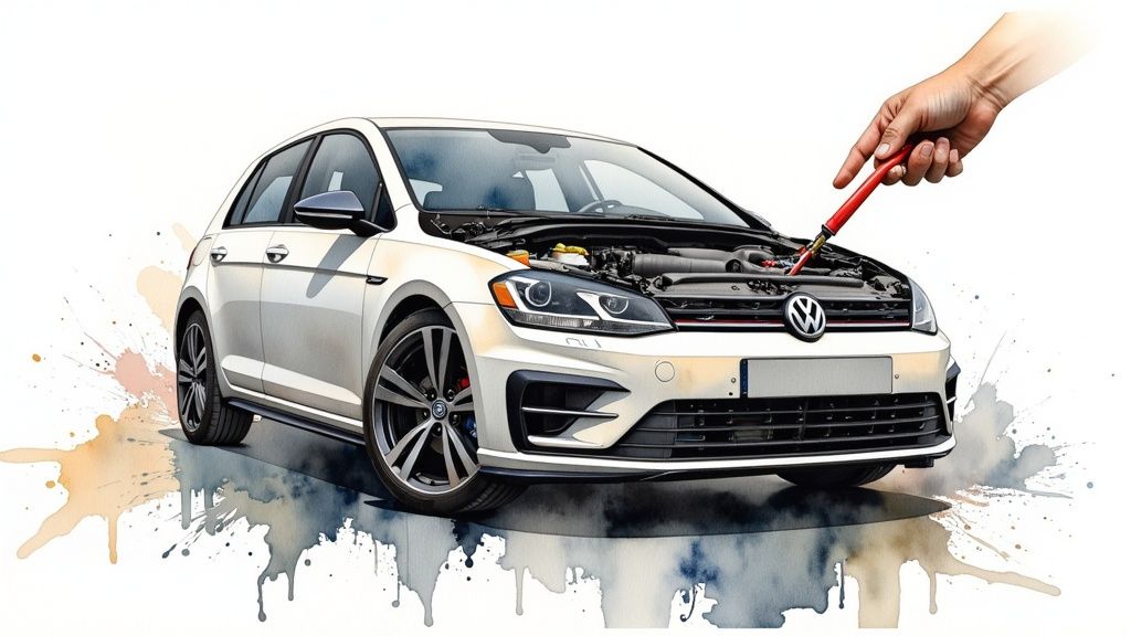 A hand checks the engine fluid of a white Volkswagen Golf R with its hood open, watercolor style.