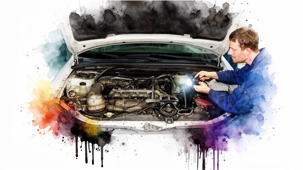 A male mechanic in blue overalls uses a flashlight to inspect a car engine with the hood open.