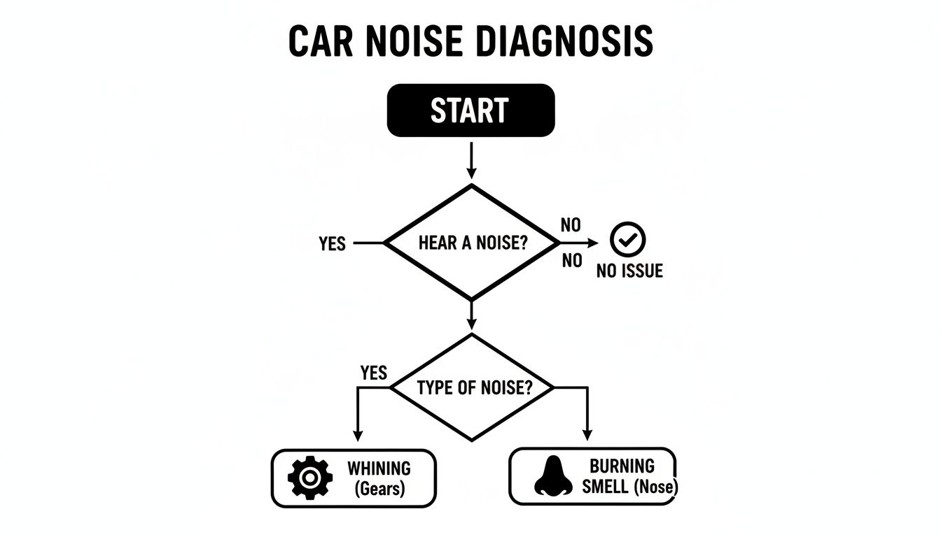 A car noise diagnosis flowchart begins with 'Start', asks 'Hear a noise?', then 'Type of noise?' leading to 'Whining (Gears)' or 'Burning Smell (Nose)'.