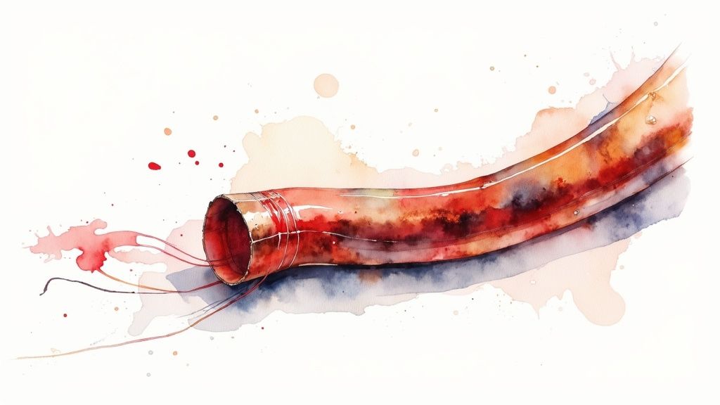 Watercolor painting of a corroded red hose with liquid splashes and dark threads, suggesting a damaged radiator hose.