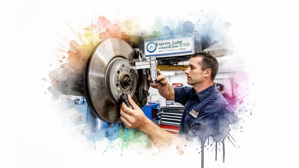 Skilled mechanic measures a car's brake rotor with a caliper tool in an auto service center.