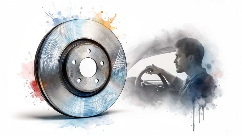Watercolor illustration of a shiny car brake rotor next to a man driving a car.