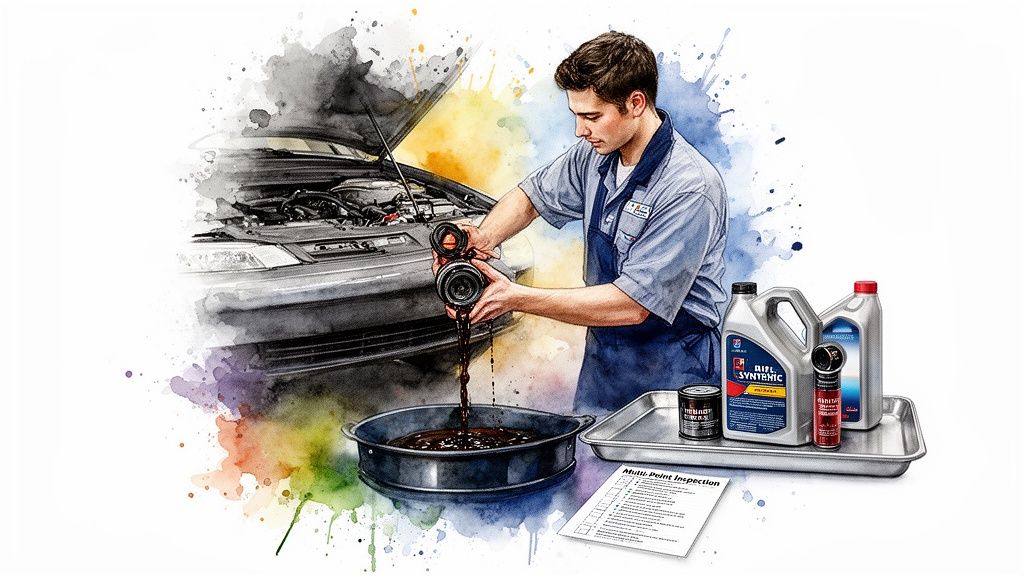 A mechanic performs an oil change on a car, pouring used oil into a drain pan.