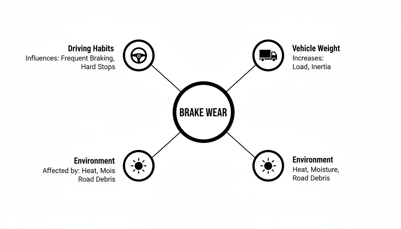 Diagram illustrating factors influencing brake wear: driving habits, vehicle weight, and environment.