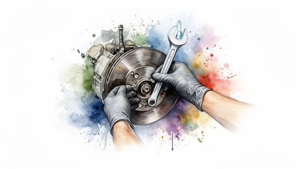 Hands in gloves using a wrench to work on a car brake disc, surrounded by watercolor splashes.