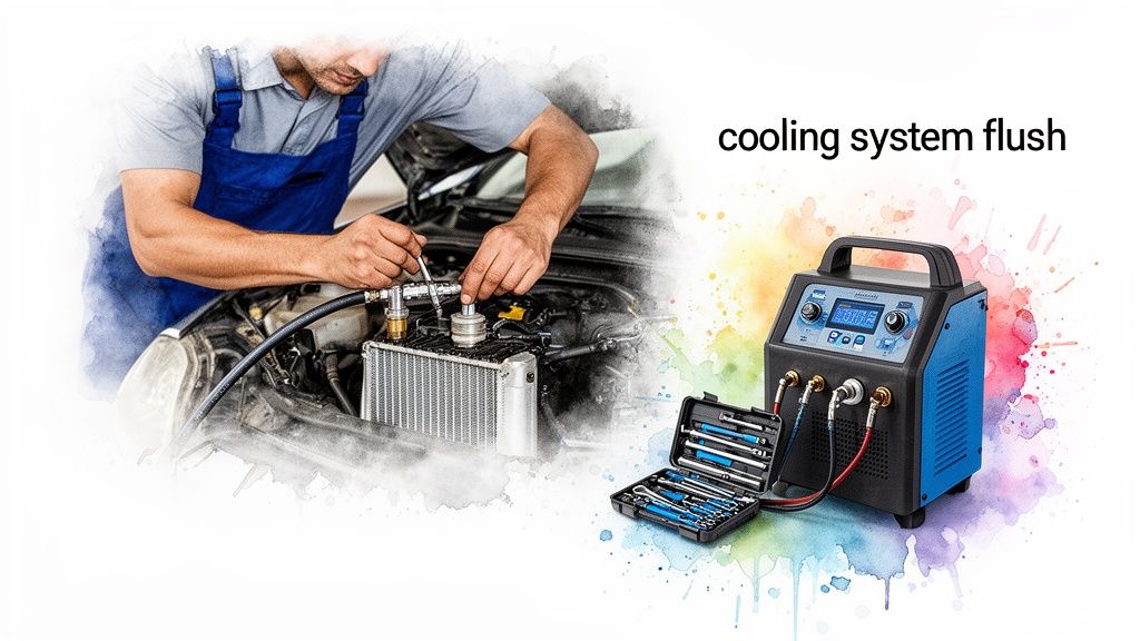 A mechanic performs a cooling system flush on a car engine using specialized equipment and tools.