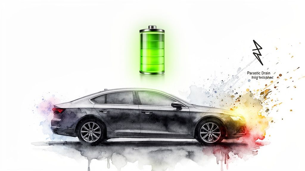 Artistic watercolor image showing a car, a charged battery, and 'Parasitic Drain' text.