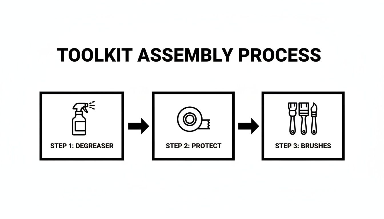 A flowchart showing a toolkit assembly process with three steps: degreaser spray, protective tape, and brushes.