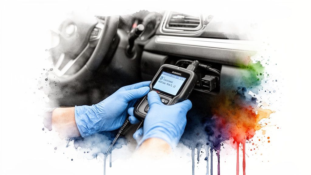 Hands in blue gloves using an OBD-II scanner to diagnose a car's engine issues.