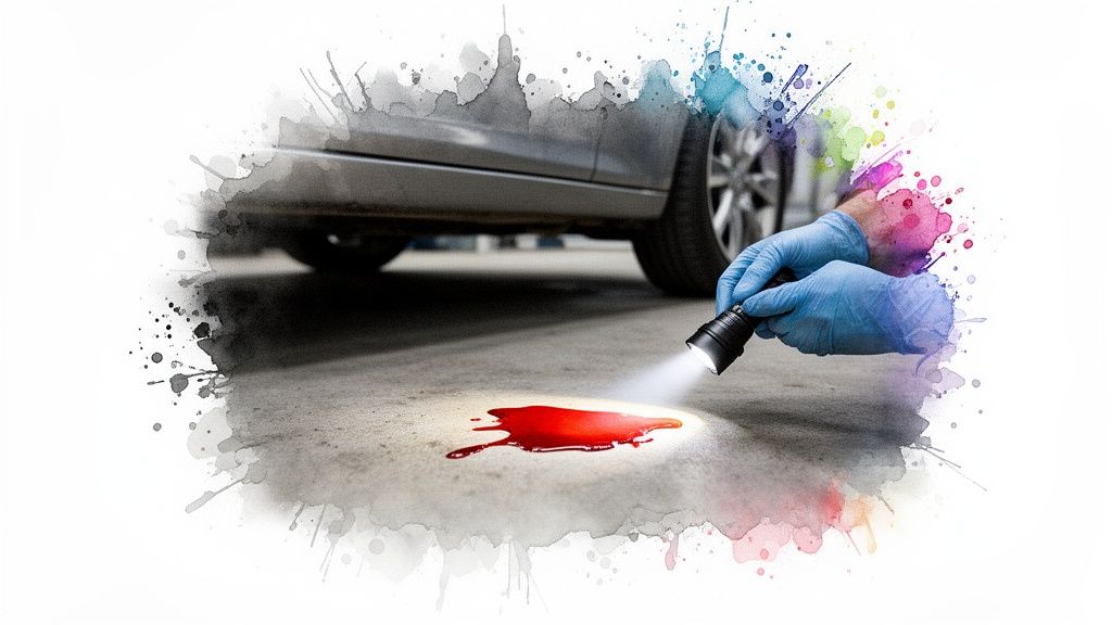 Gloved hands with a flashlight illuminate a red fluid spill under a car, investigating a leak.