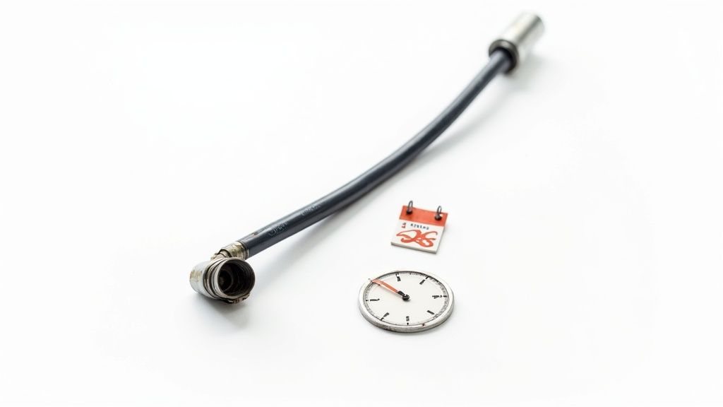 A flexible black radiator hose, a small red calendar, and a circular gauge on white.