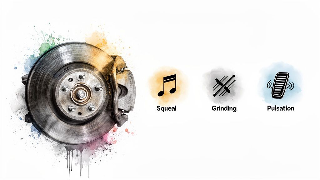 A car brake disc and caliper next to icons representing common brake problems: squeal, grinding, and pulsation.