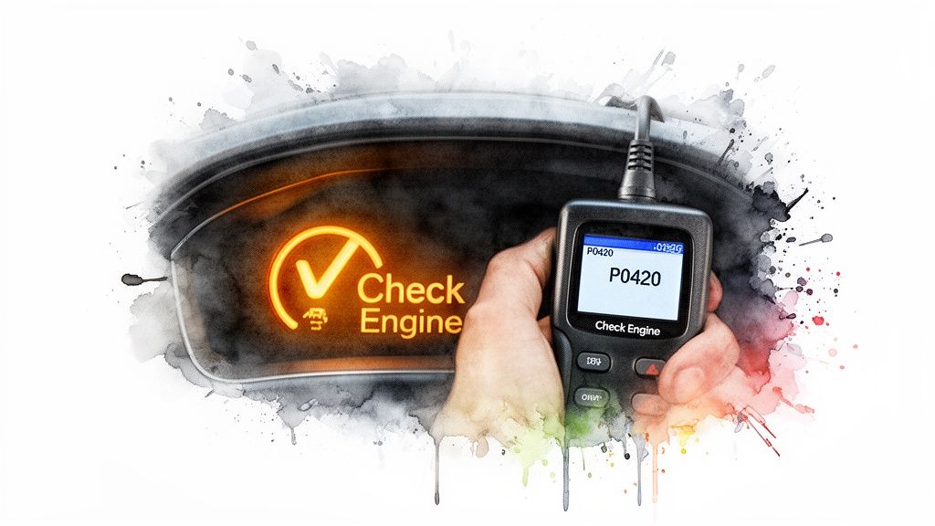 A hand uses an OBD-II scanner to diagnose a check engine light displaying error code P0420 on a car dashboard.