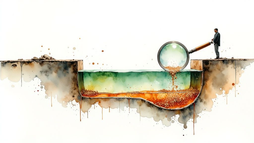 Watercolor illustration of a man using a large magnifying glass to pour orange granular material into a trench of green liquid, forming distinct layers.
