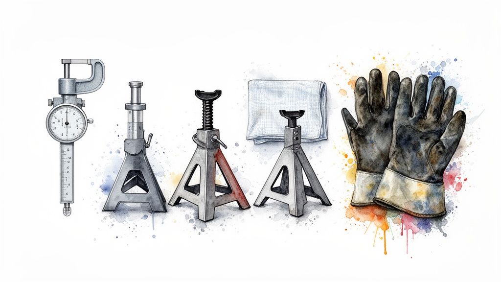 Watercolor illustration showing various workshop tools: thickness gauge, multiple jack stands, and work gloves.