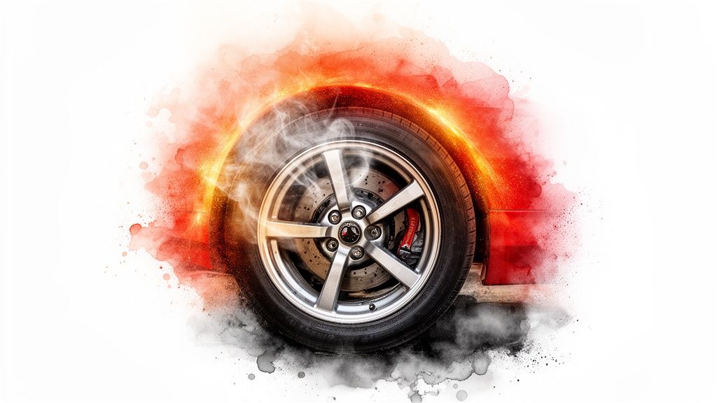 Close-up of a car wheel with a glowing orange and red ring, smoke, and splashes, indicating extreme heat.