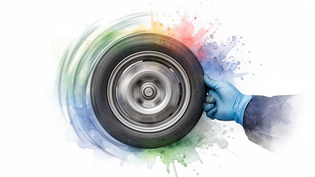 A gloved hand holds a spinning car wheel, with colorful watercolor splatters radiating outwards.