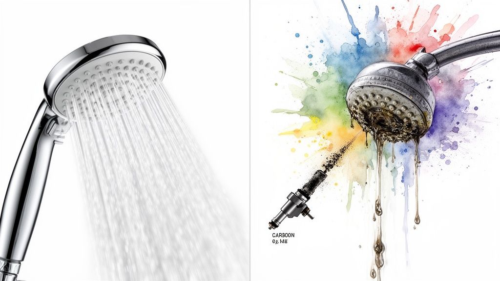 A clean shower head with clear water contrasted with a dirty one and a carbon-spraying fuel injector.