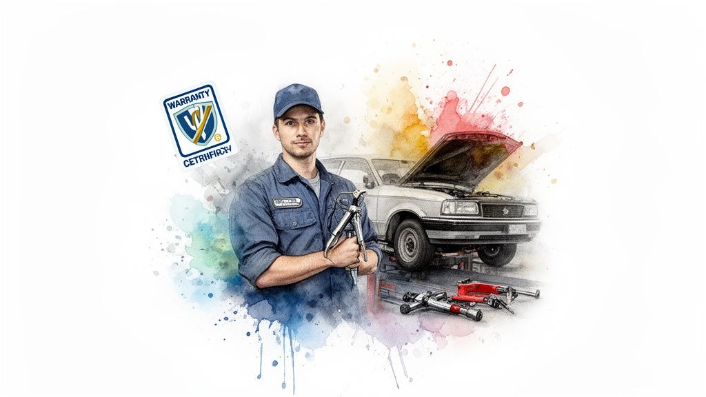 A male mechanic in uniform holds a tool, standing before a car with an open hood and a 'WARRANTY CERTIFIED' logo.
