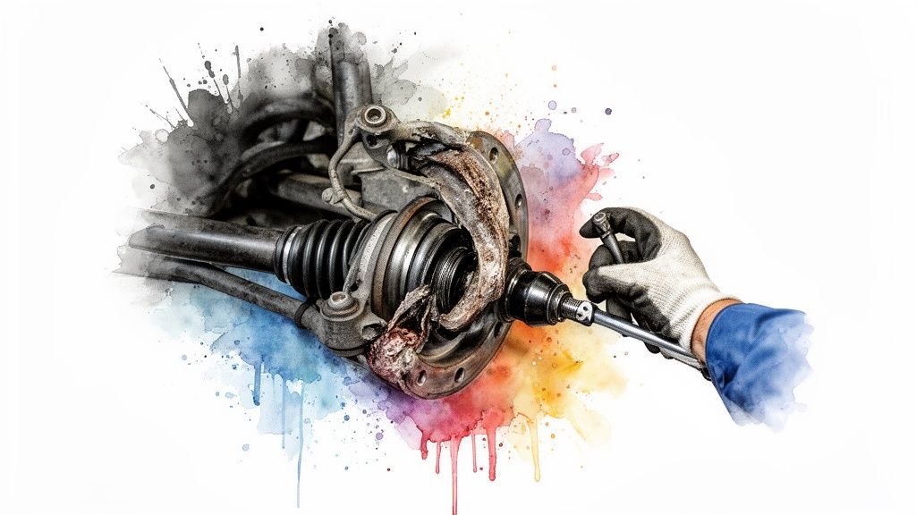 A mechanic's gloved hand works on a car's front suspension and wheel hub assembly, surrounded by colorful watercolor splashes.