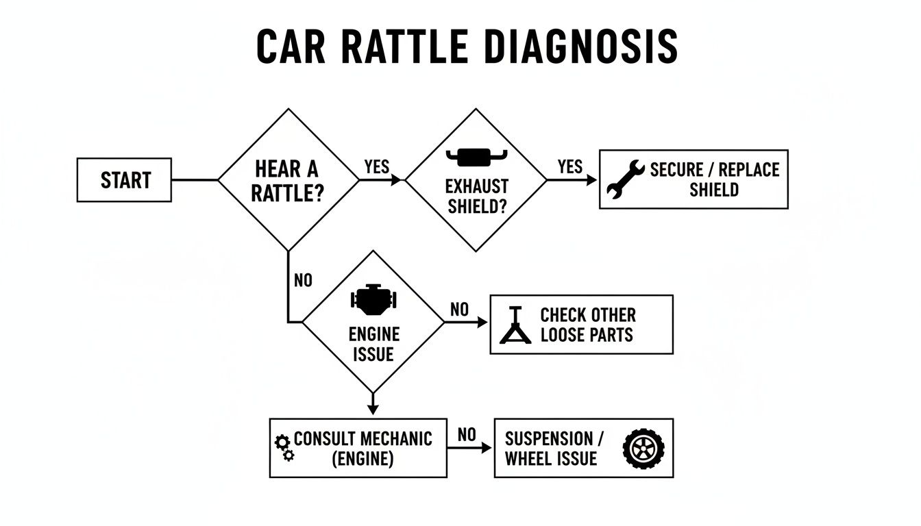 A car rattle diagnosis flowchart illustrating steps to identify and fix rattles, checking exhaust, engine, and suspension.