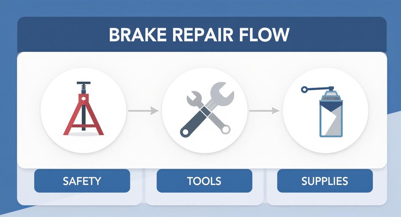 Infographic showing icons for safety, tools, and supplies for a brake job.