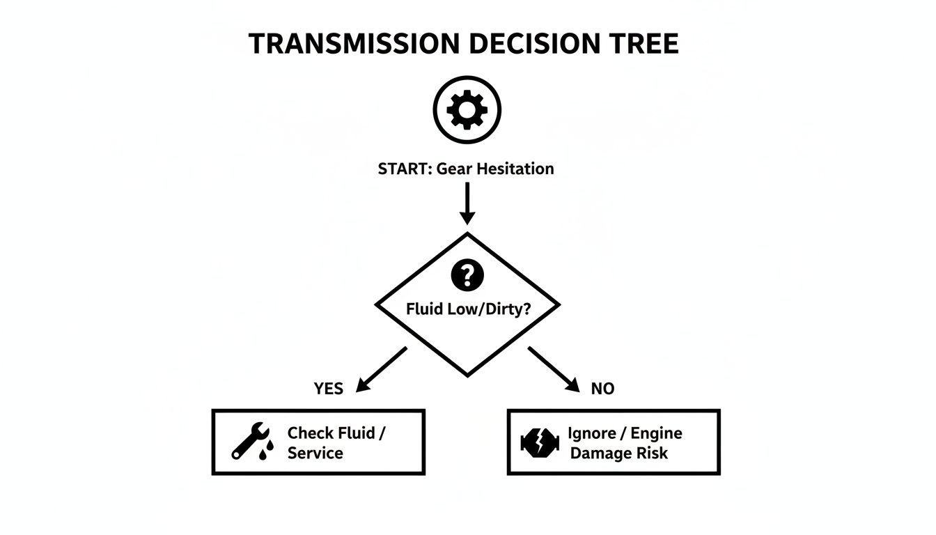 Decision tree flowchart for transmission issues, starting with gear hesitation and fluid check.