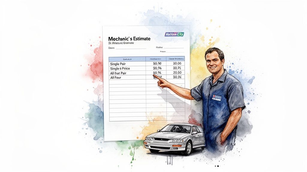 Smiling mechanic pointing at a car repair estimate sheet with prices, next to a silver car.