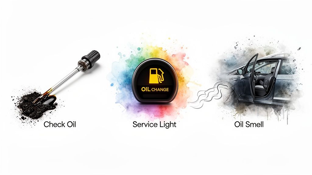 Visualizing car oil change needs: dirty dipstick, service light, and a car emitting an oil smell.