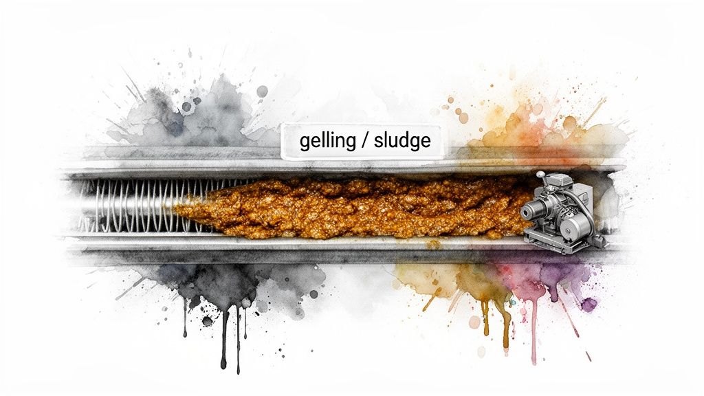 A diagram shows thick brown gelling sludge obstructing a pipe, with an auger and pump assembly.