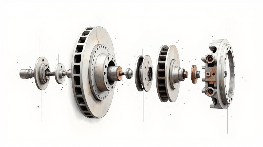 A close-up of a car's disc brake components, showing the caliper, pads, and rotor.