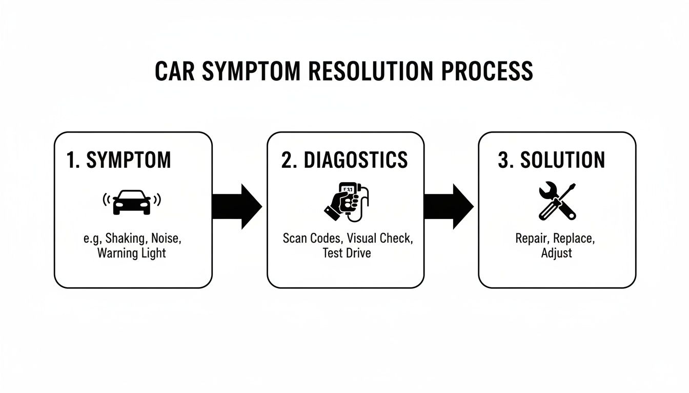 A flowchart depicting the three-step car symptom resolution process: Symptom, Diagnostics, and Solution.