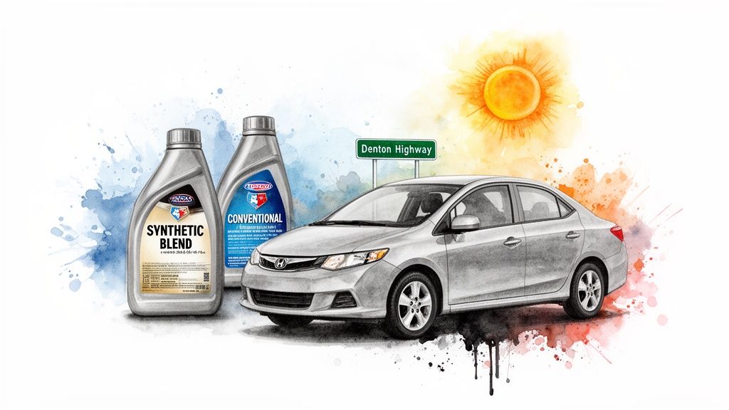 Two bottles of motor oil, synthetic blend and conventional, next to a car and highway sign.