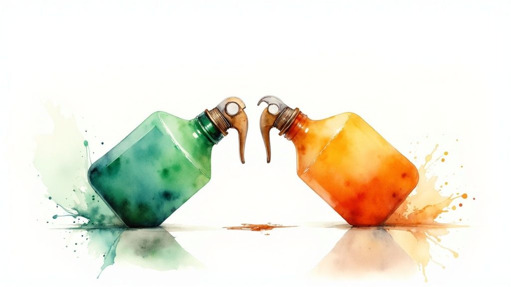 Watercolor painting of green and orange spray bottles tilted, spilling and mixing colorful liquids.