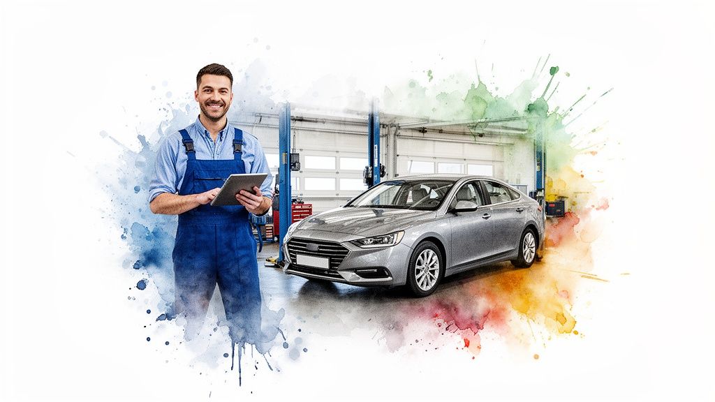 A smiling male mechanic in a garage holds a tablet next to a silver car.