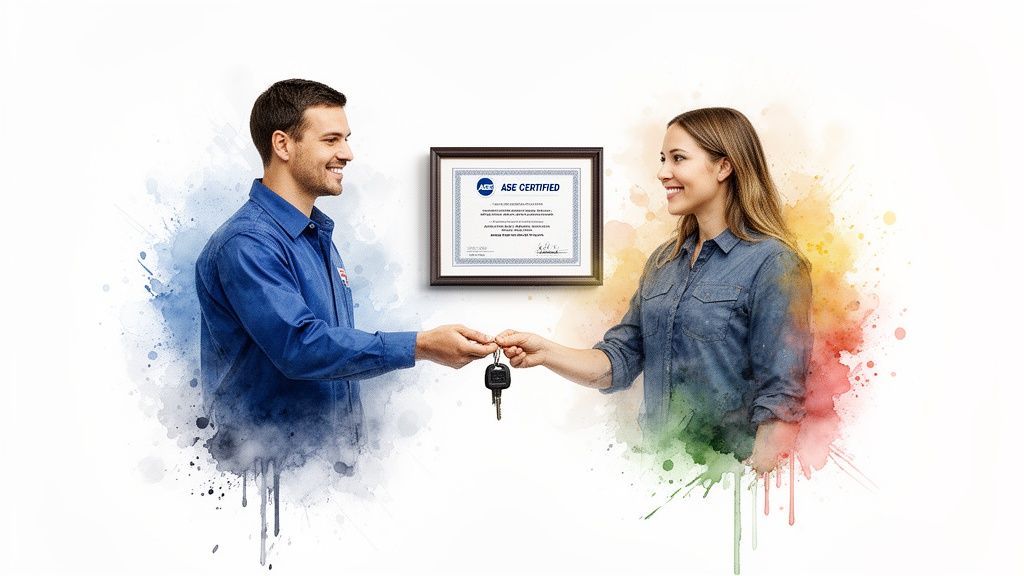 Smiling auto mechanic hands car keys to a happy female customer, with an ASE certificate.