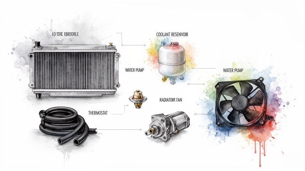 An illustration of various car cooling system components, including radiator, thermostat, water pump, reservoir, and fan.