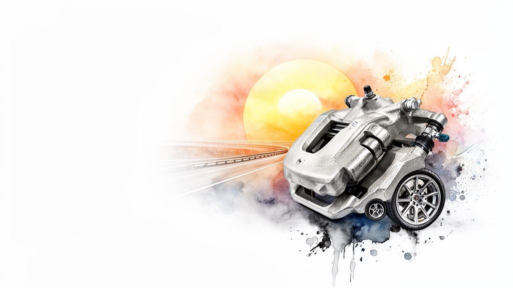 Automotive brake caliper with wheels, driving on a road under a sun with artistic watercolor splashes.