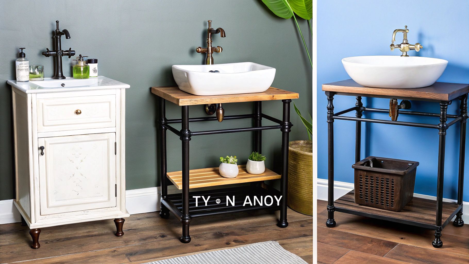 Διαφορετικά έπιπλα μπάνιου, συμπεριλαμβανομένων λευκών ντουλαπιών και βιομηχανικών σχεδίων με επικαθήμενους νιπτήρες.