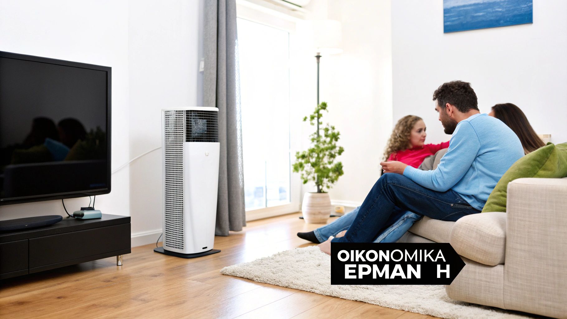 Οικογένεια με δύο ενήλικες και ένα παιδί χαλαρώνει στον καναπέ σε ένα ζεστό σαλόνι με συσκευή θέρμανσης.