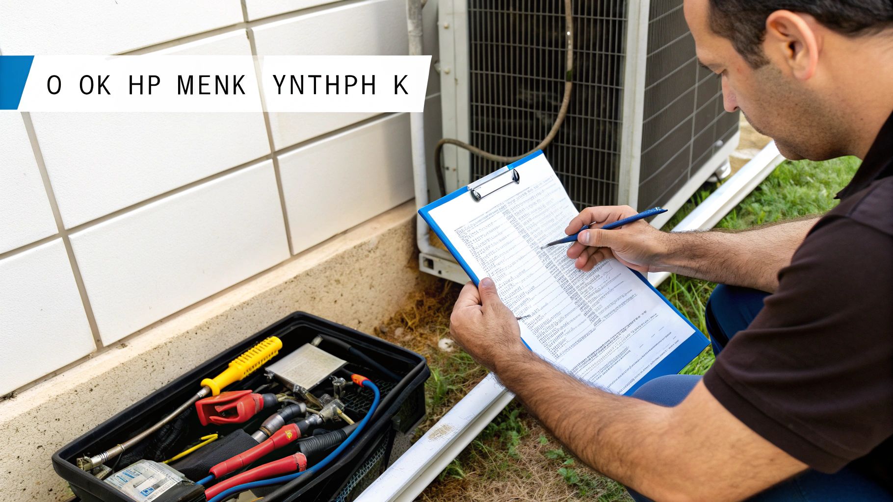 Άνδρας τεχνικός κλιματισμού ελέγχει μονάδα εξωτερικού χώρου, κρατώντας σημειωματάριο με λίστα και εργαλεία.