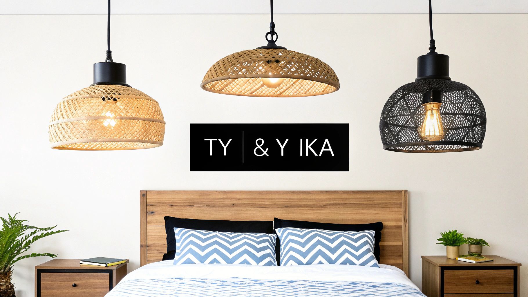 Τρία κρεμαστά φωτιστικά οροφής από ρατάν και μέταλλο πάνω από ένα ξύλινο κρεβάτι με κομοδίνα.