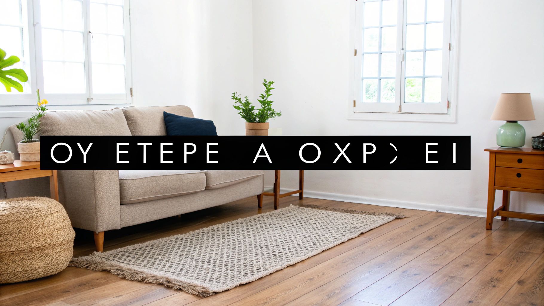 Ένα φωτεινό, μινιμαλιστικό σαλόνι με λευκούς τοίχους, μπεζ καναπέ, ξύλινα έπιπλα, φυτά και χαλί.