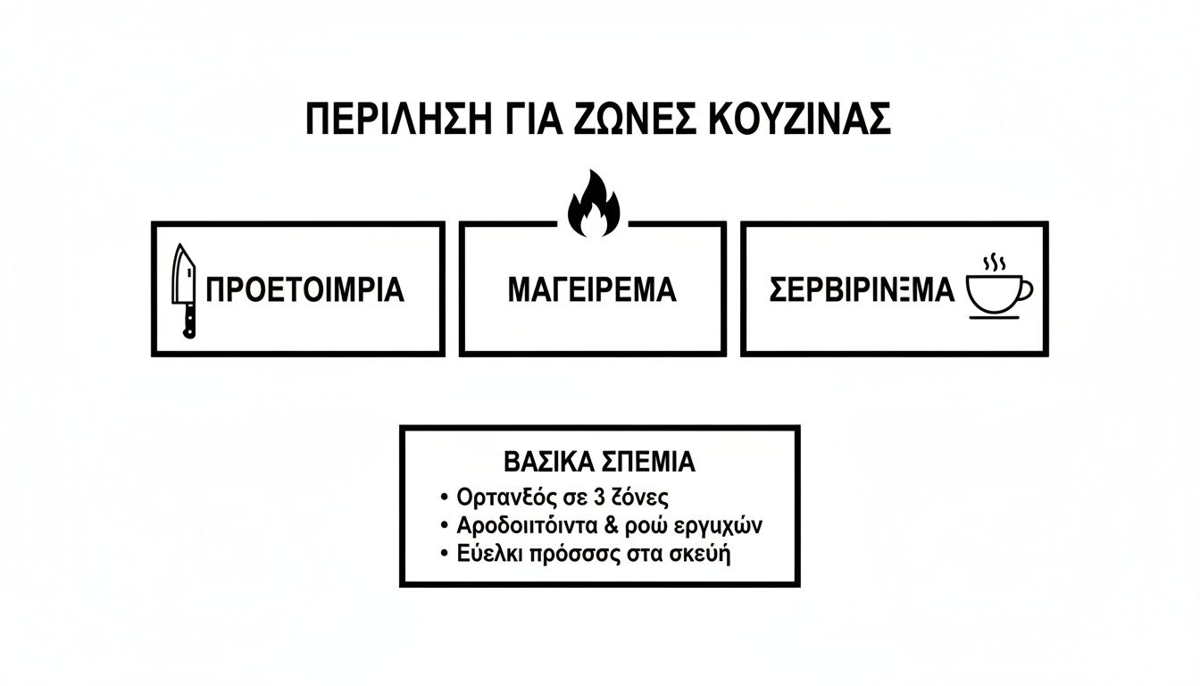 Διάγραμμα οργάνωσης κουζίνας σε ζώνες προετοιμασίας, μαγειρέματος, σερβιρίσματος, με βασικές αρχές αποδοτικότητας.