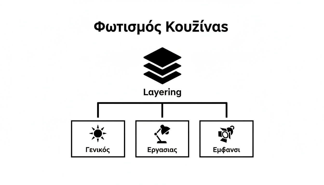 Διάγραμμα που δείχνει τον φωτισμό κουζίνας ως πολυεπίπεδο σύστημα (Layering) με τρεις κατηγορίες: γενικός, εργασίας και έμφασης.