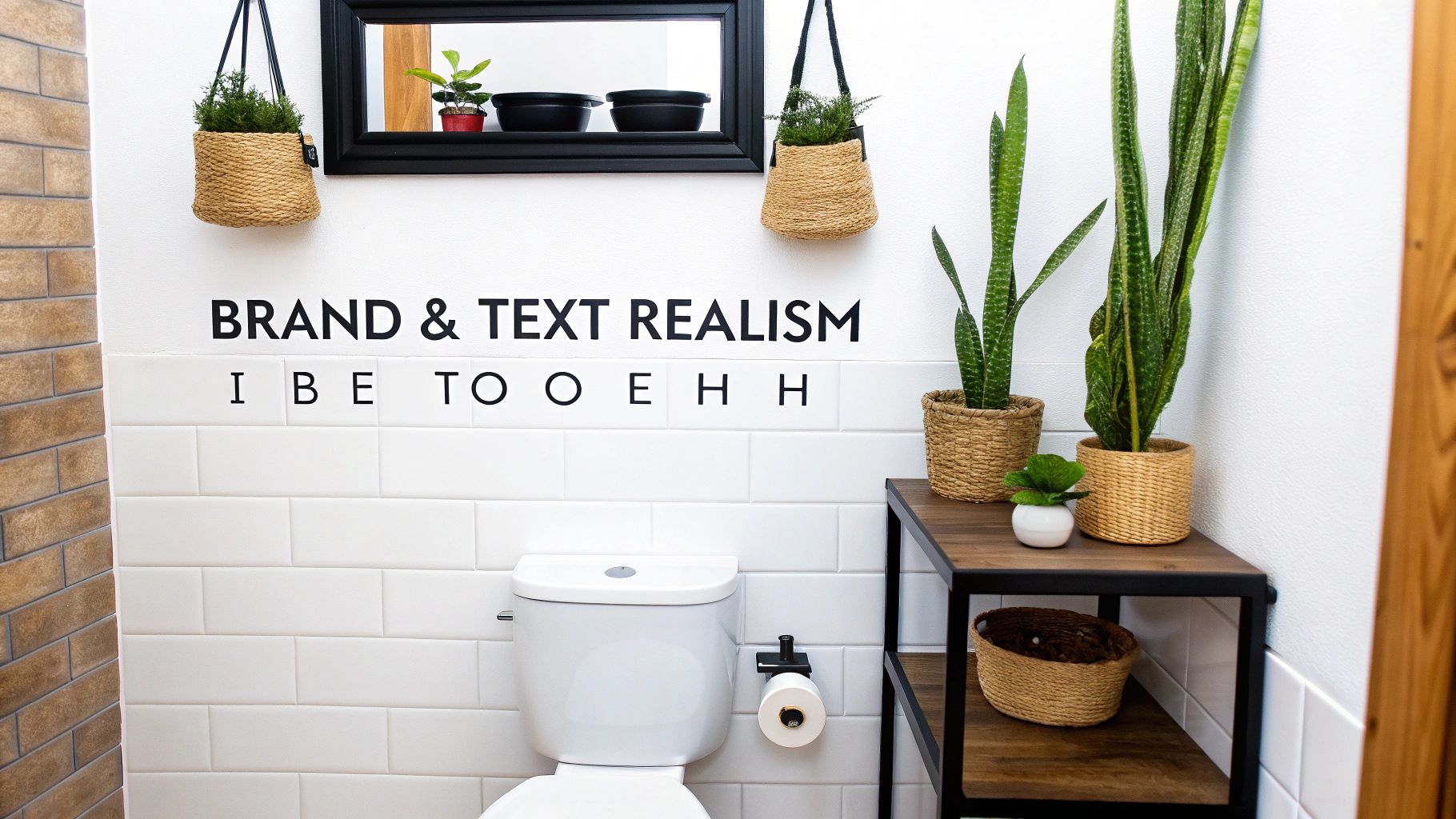 Μοντέρνο μπάνιο με λευκά πλακάκια, τουαλέτα, φυτά σε ψάθινα καλάθια και καθρέφτη.