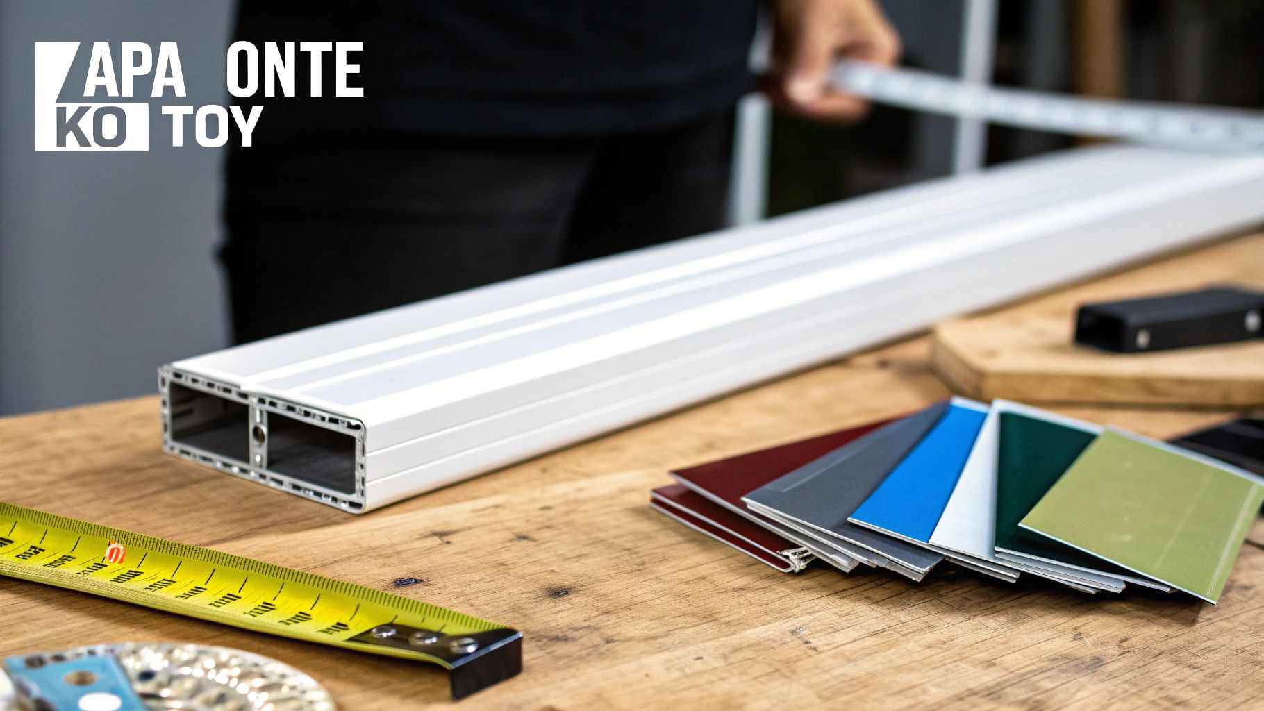 Άνθρωπος μετράει ένα μακρύ λευκό προφίλ αλουμινίου σε ξύλινο τραπέζι, με δειγματολόγιο χρωμάτων.