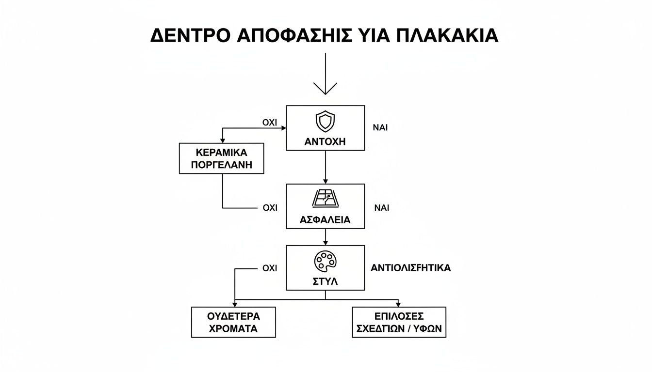Διάγραμμα ροής για την επιλογή πλακιδίων με κριτήρια αντοχής, ασφάλειας και στυλ.